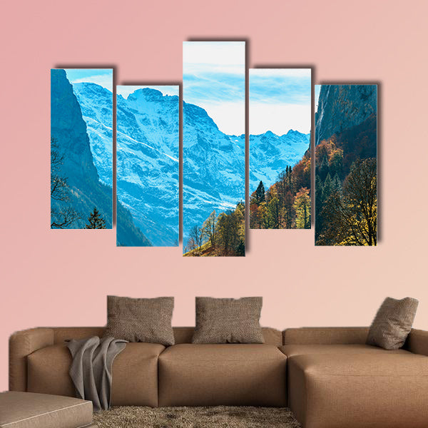 Beautiful autumn time at village of Lauterbrunnen in Swiss Alps multi panel canvas wall art