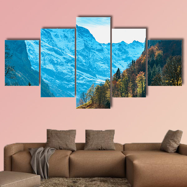 Beautiful autumn time at village of Lauterbrunnen in Swiss Alps multi panel canvas wall art
