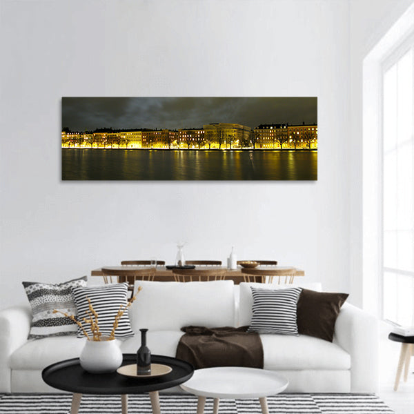 City of Copenhagen along lakes at night with moon light Panoramic Canvas Wall Art