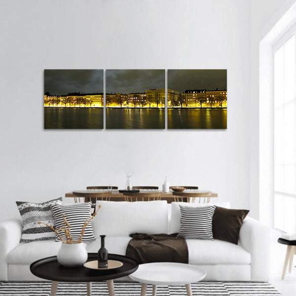 City of Copenhagen along lakes at night with moon light Panoramic Canvas Wall Art
