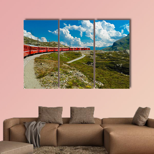Train travel in the Swiss mountains multi panel canvas wall art
