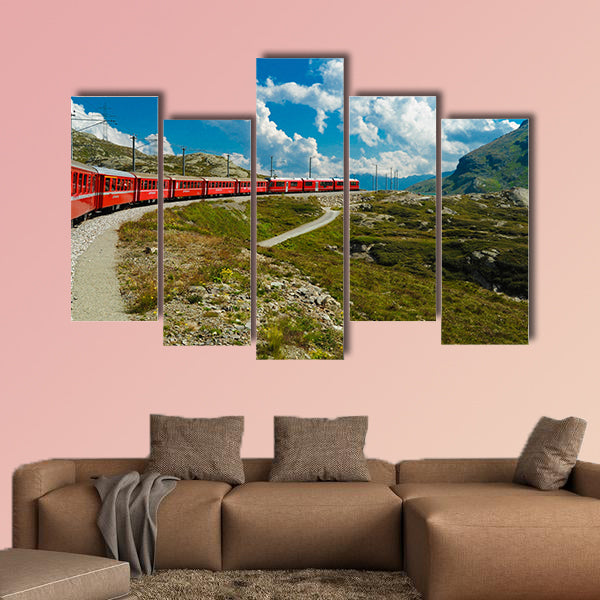 Train travel in the Swiss mountains multi panel canvas wall art
