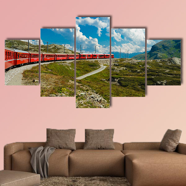 Train travel in the Swiss mountains multi panel canvas wall art