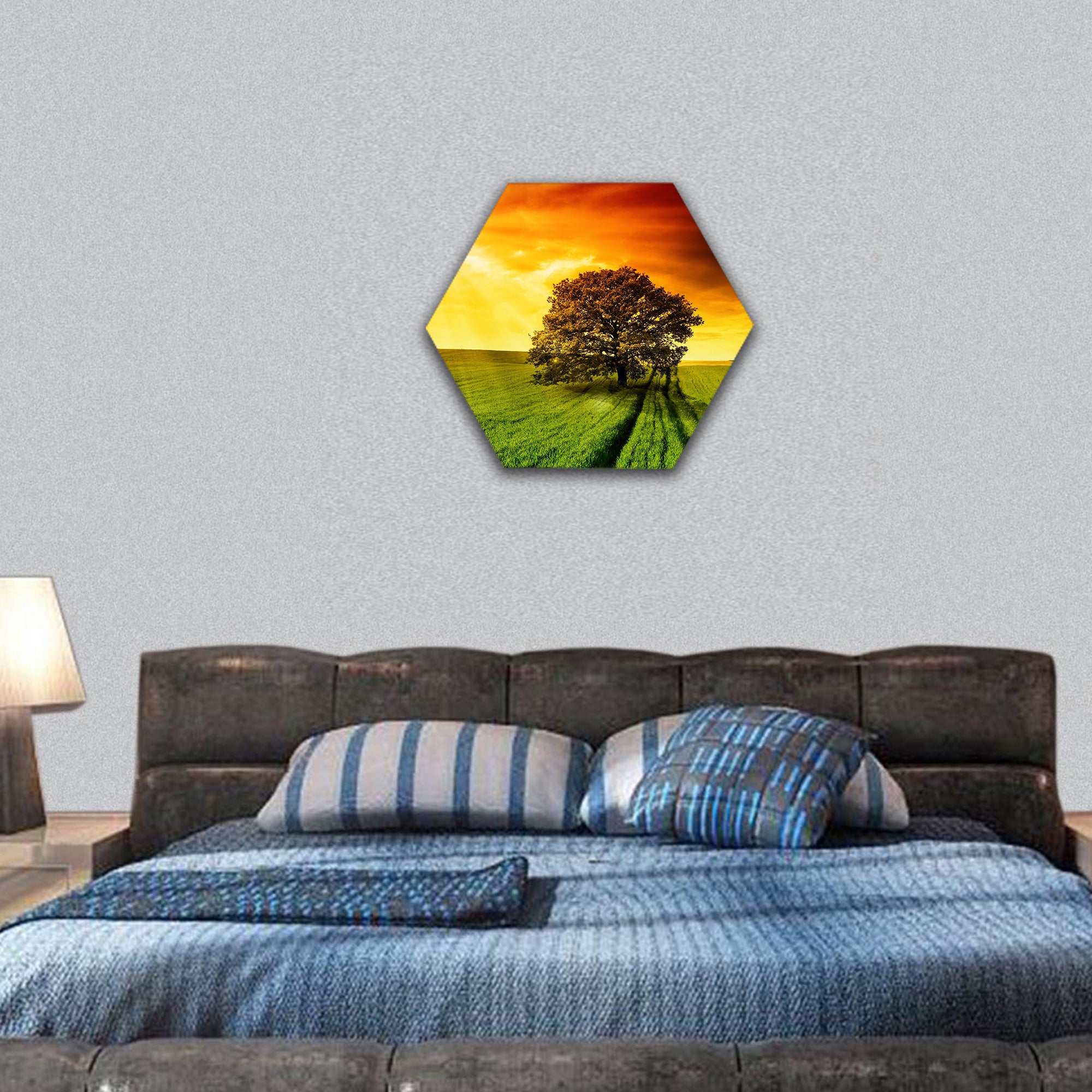 Lonely tree against a blue sky at sunset hexagonal canvas wall art