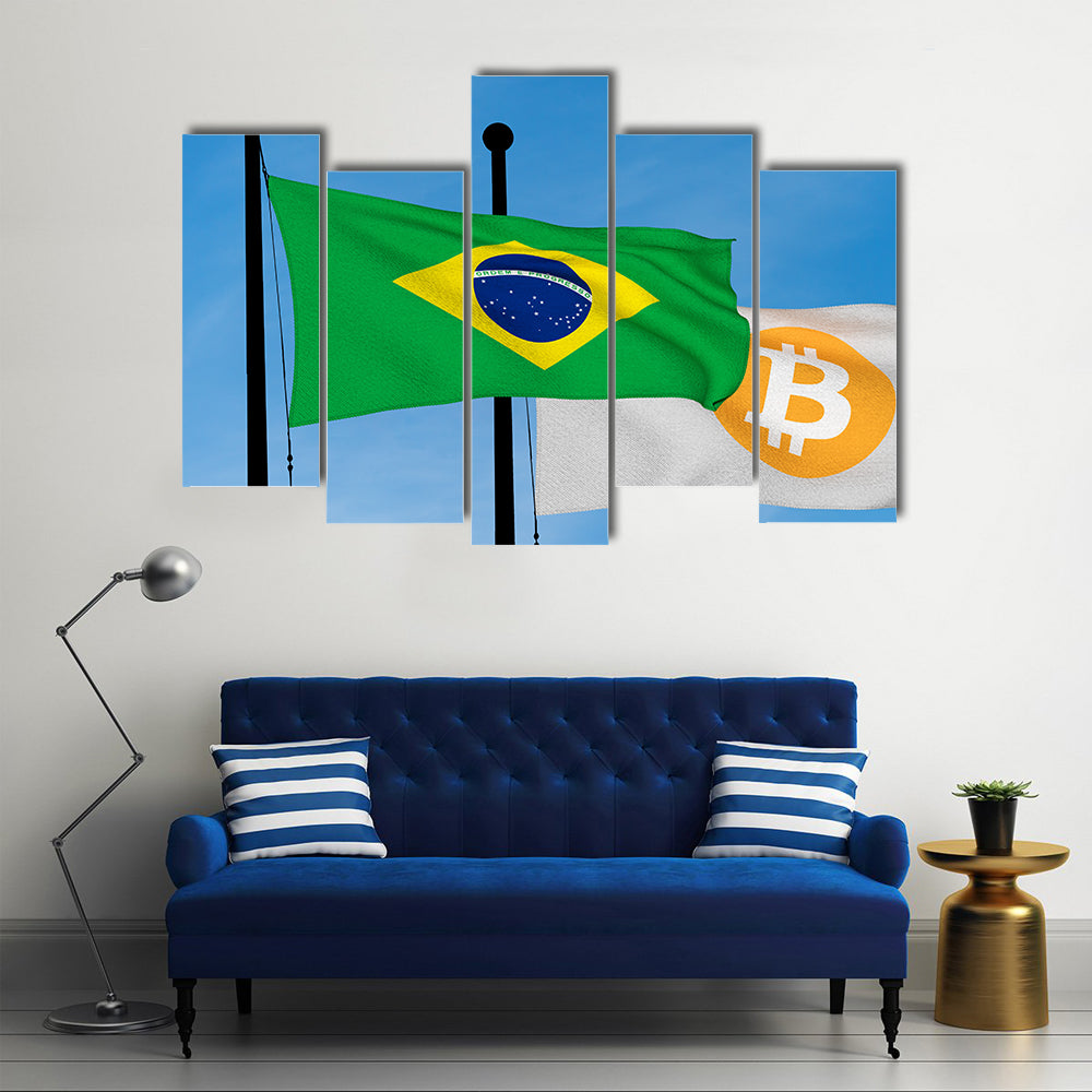 Brazil Flag And Bitcoin Flag Waving Over Blue Sky Multi Panel Canvas Wall Art