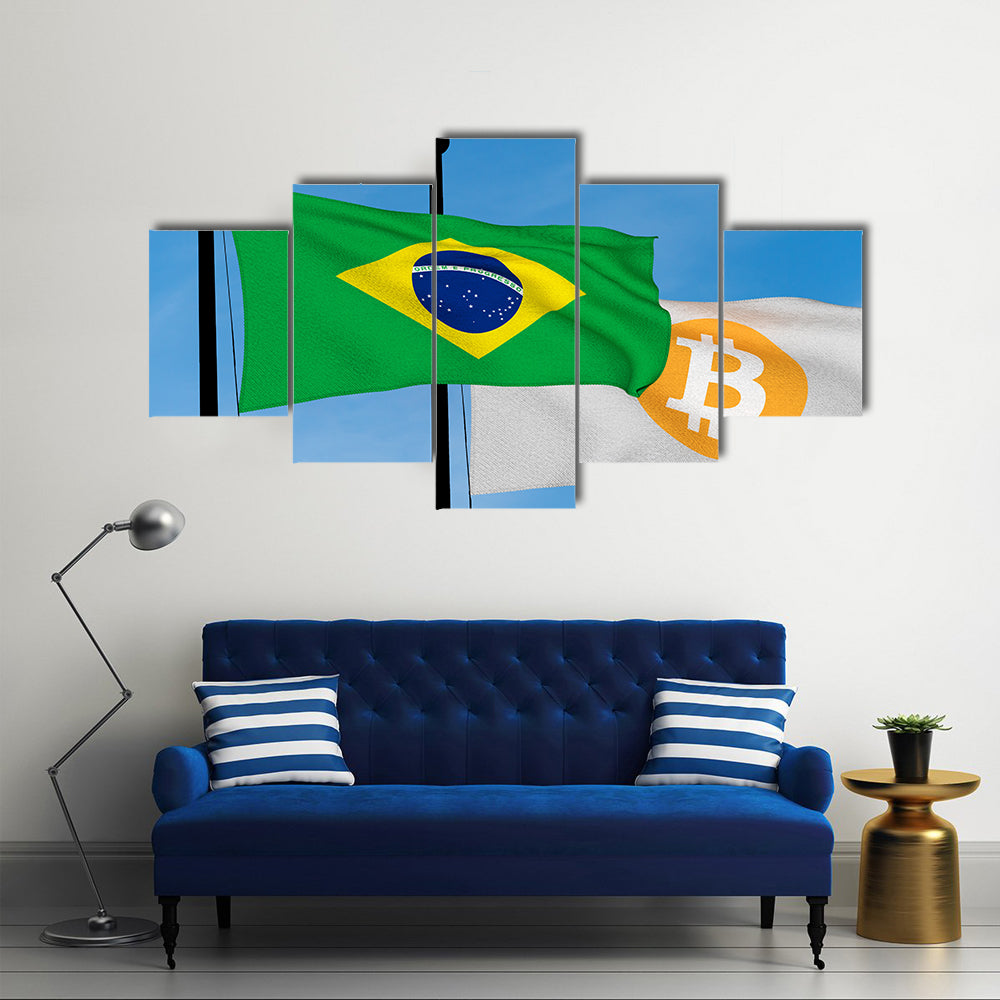 Brazil Flag And Bitcoin Flag Waving Over Blue Sky Multi Panel Canvas Wall Art