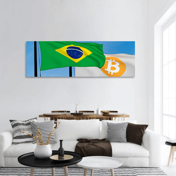 Brazil flag and Bitcoin Flag Panoramic canvas Wall Art