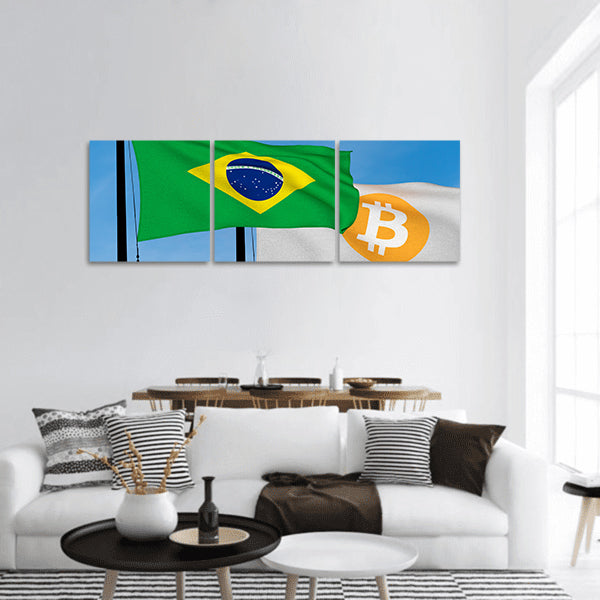 Brazil flag and Bitcoin Flag Panoramic canvas Wall Art