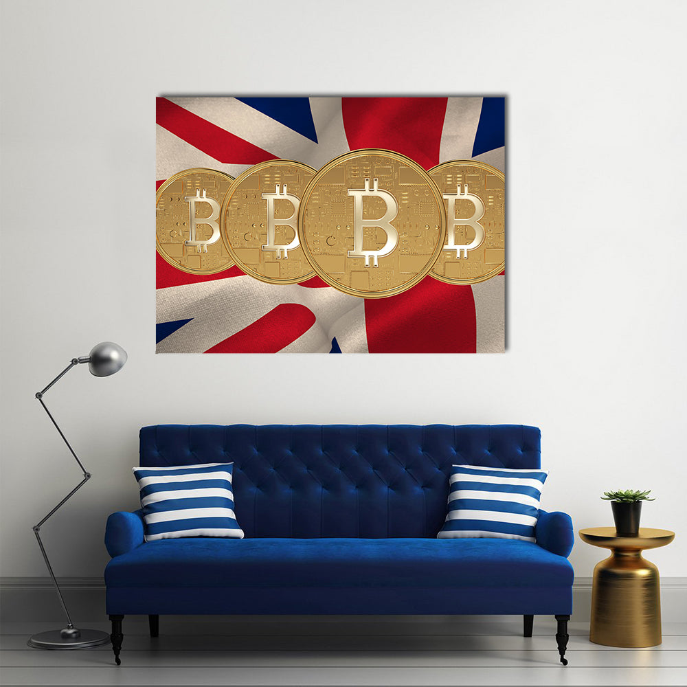 Bitcoin against digitally generated great britain national flag multi panel canvas wall art