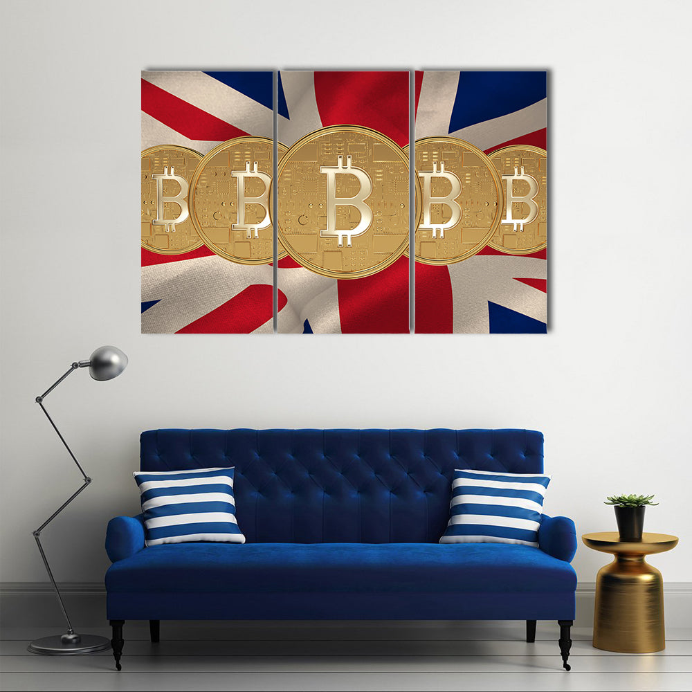 Bitcoin against digitally generated great britain national flag multi panel canvas wall art