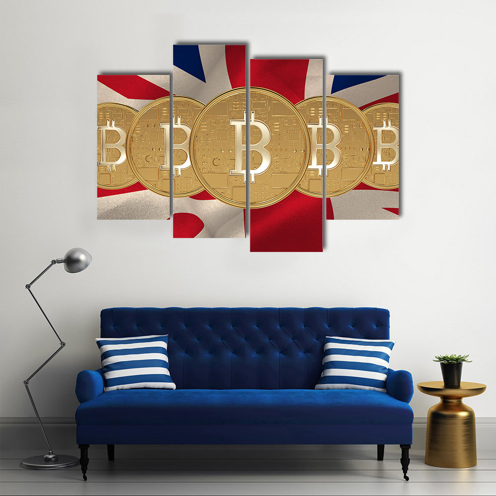 Bitcoin against digitally generated great britain national flag multi panel canvas wall art