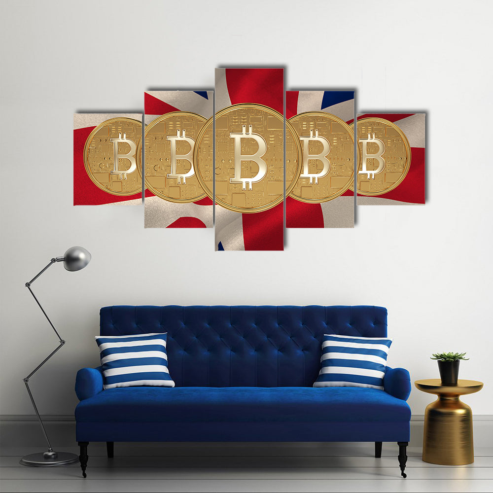 Bitcoin against digitally generated great britain national flag multi panel canvas wall art