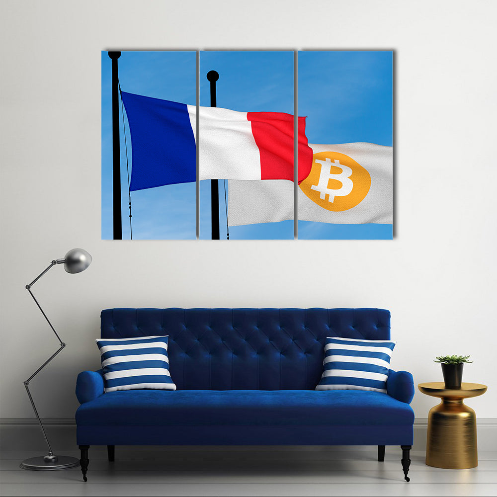 French flag and Bitcoin Flag waving over blue sky (3D rendering) multi panel canvas wall art