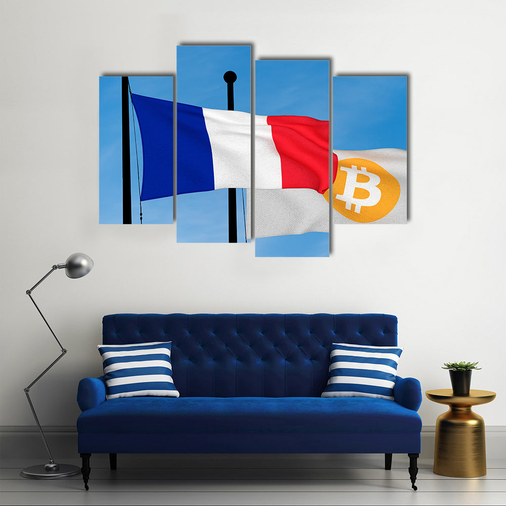 French flag and Bitcoin Flag waving over blue sky (3D rendering) multi panel canvas wall art