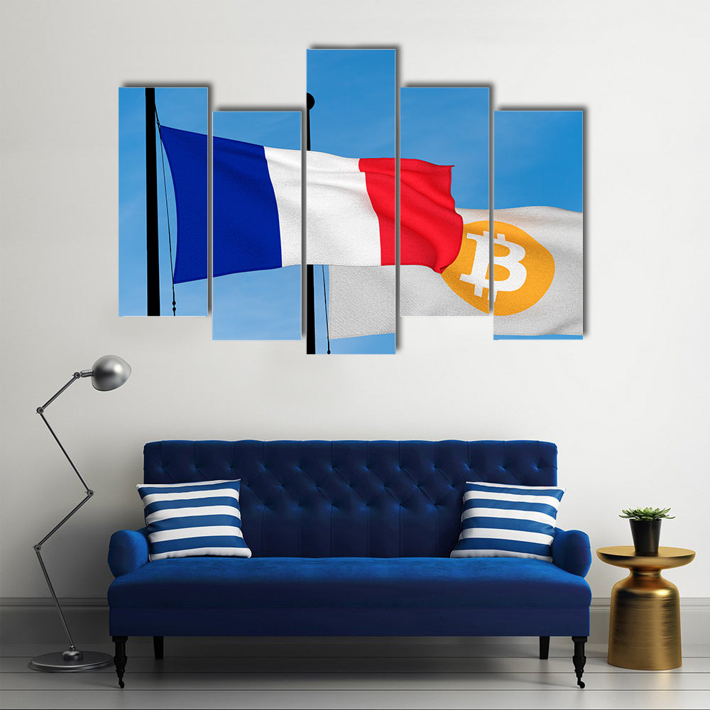 French flag and Bitcoin Flag waving over blue sky (3D rendering) multi panel canvas wall art