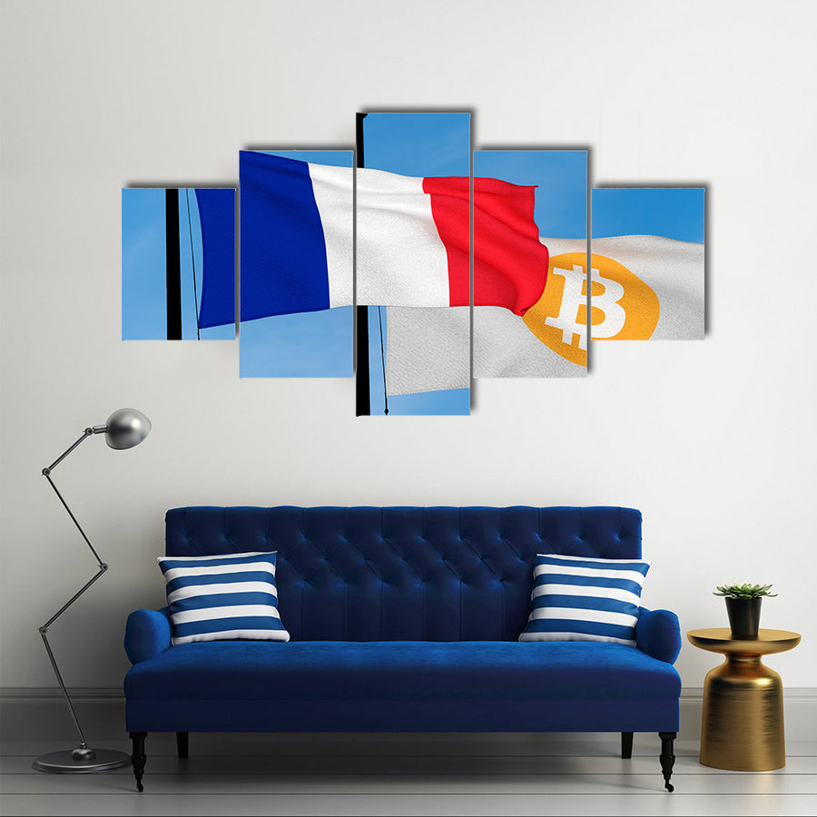 French flag and Bitcoin Flag waving over blue sky (3D rendering) multi panel canvas wall art