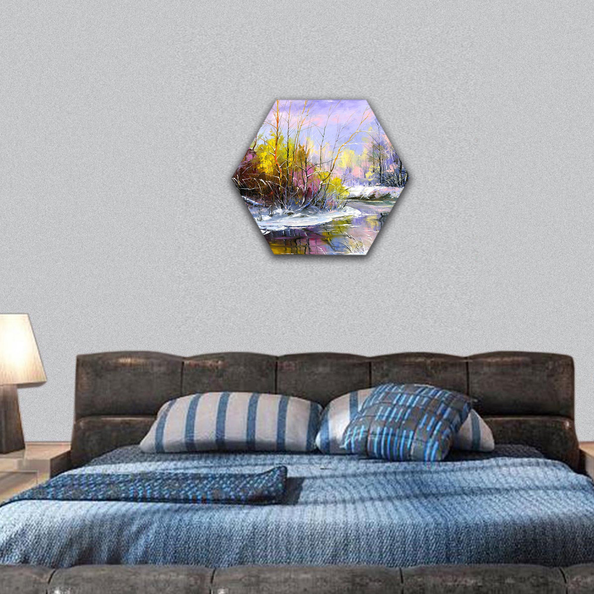Winter landscape with the wood river hexagonal canvas wall art