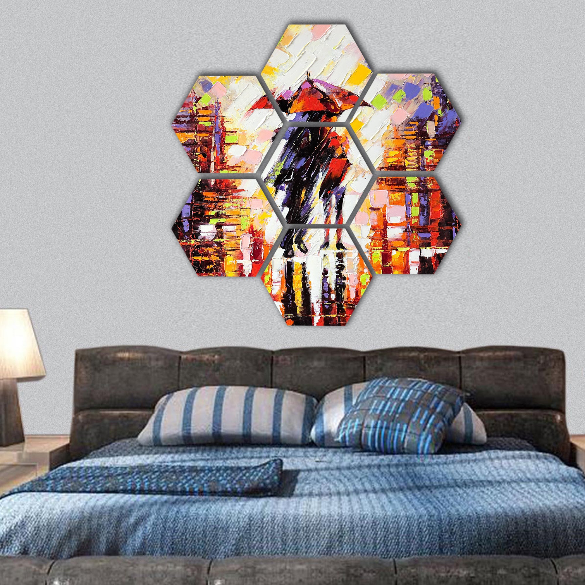 Two enamoured under an umbrella hexagonal canvas wall art