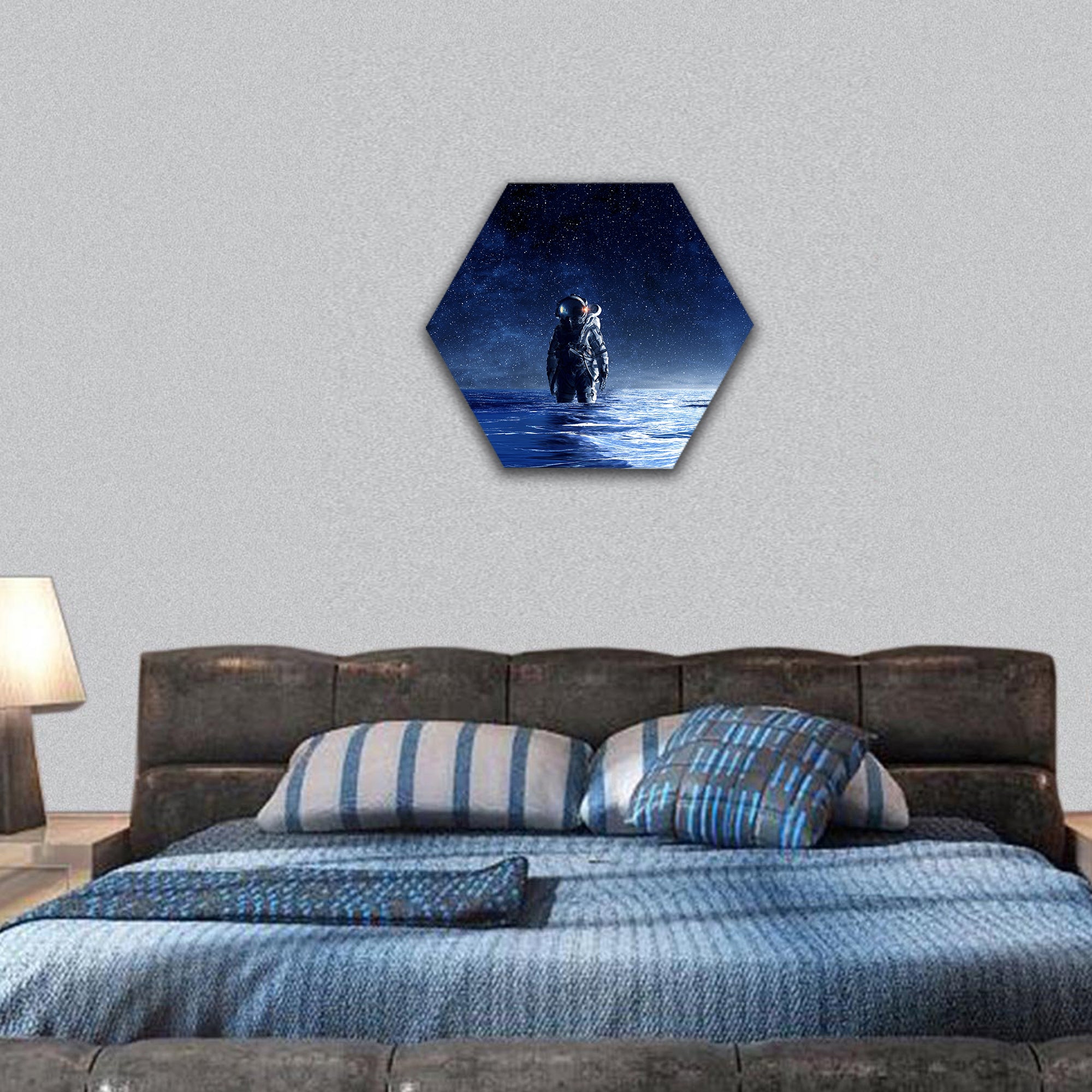 Astronaut in space suit standing in water hexagonal canvas wall art