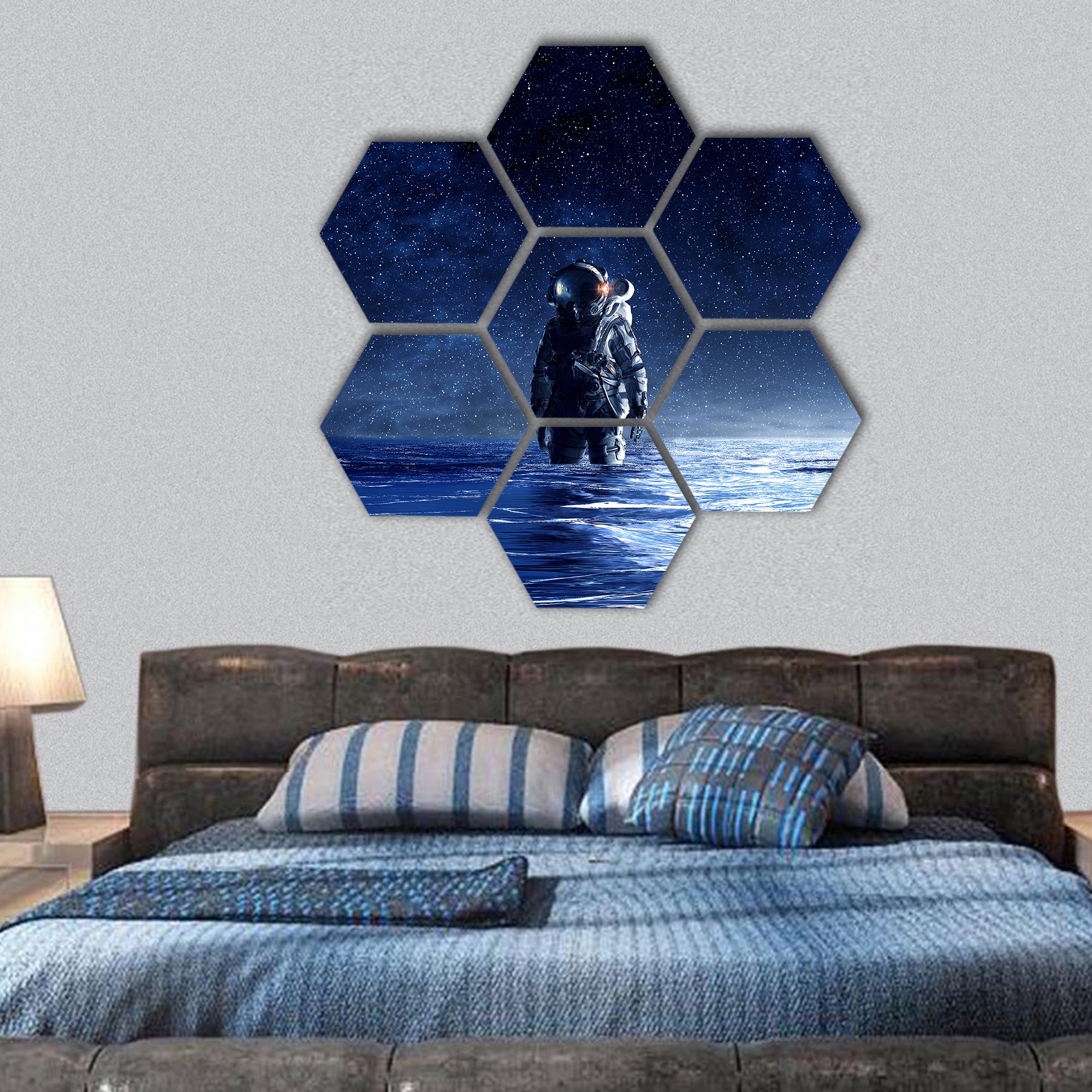 Astronaut in space suit standing in water hexagonal canvas wall art