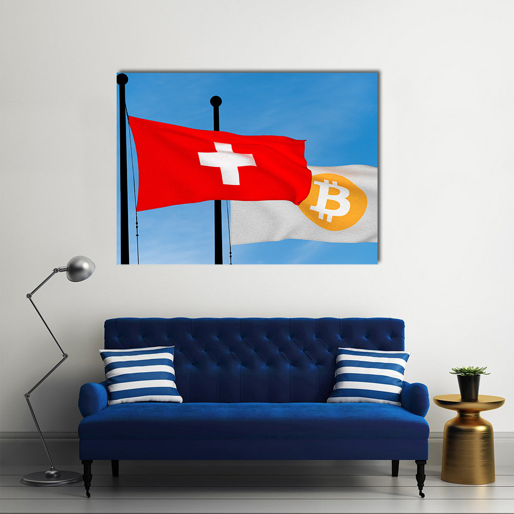 Switzerland Flag And Bitcoin Flag Waving Multi Panel Canvas Wall Art