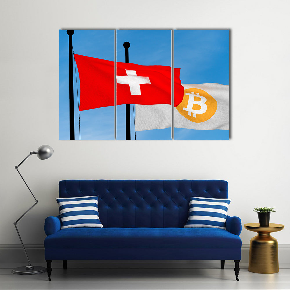 Switzerland Flag And Bitcoin Flag Waving Multi Panel Canvas Wall Art
