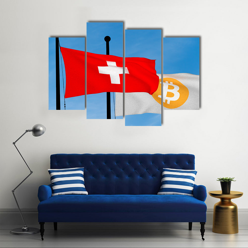 Switzerland Flag And Bitcoin Flag Waving Multi Panel Canvas Wall Art