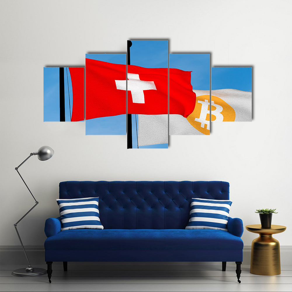 Switzerland Flag And Bitcoin Flag Waving Multi Panel Canvas Wall Art