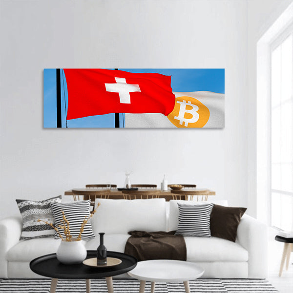Swiss flag and Bitcoin Flag Panoramic canvas Wall Art