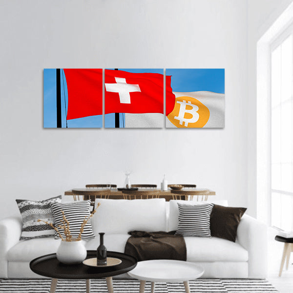 Swiss flag and Bitcoin Flag Panoramic canvas Wall Art