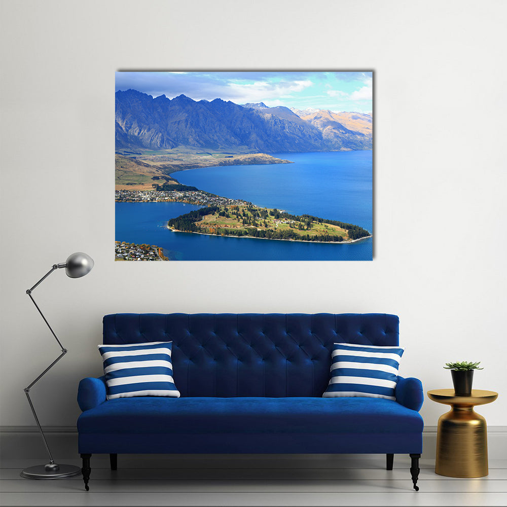 closeup of Queenstown with lake Wakatipu from top at noon multi panel canvas wall art