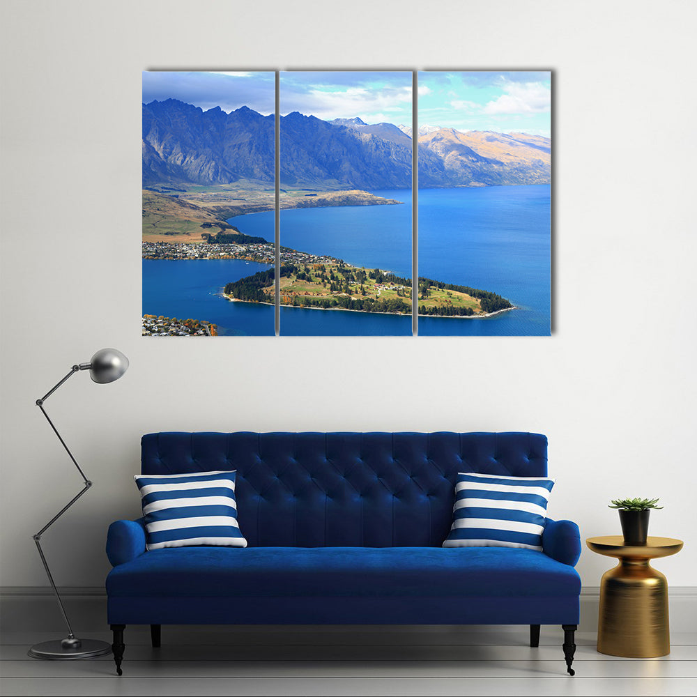 closeup of Queenstown with lake Wakatipu from top at noon multi panel canvas wall art