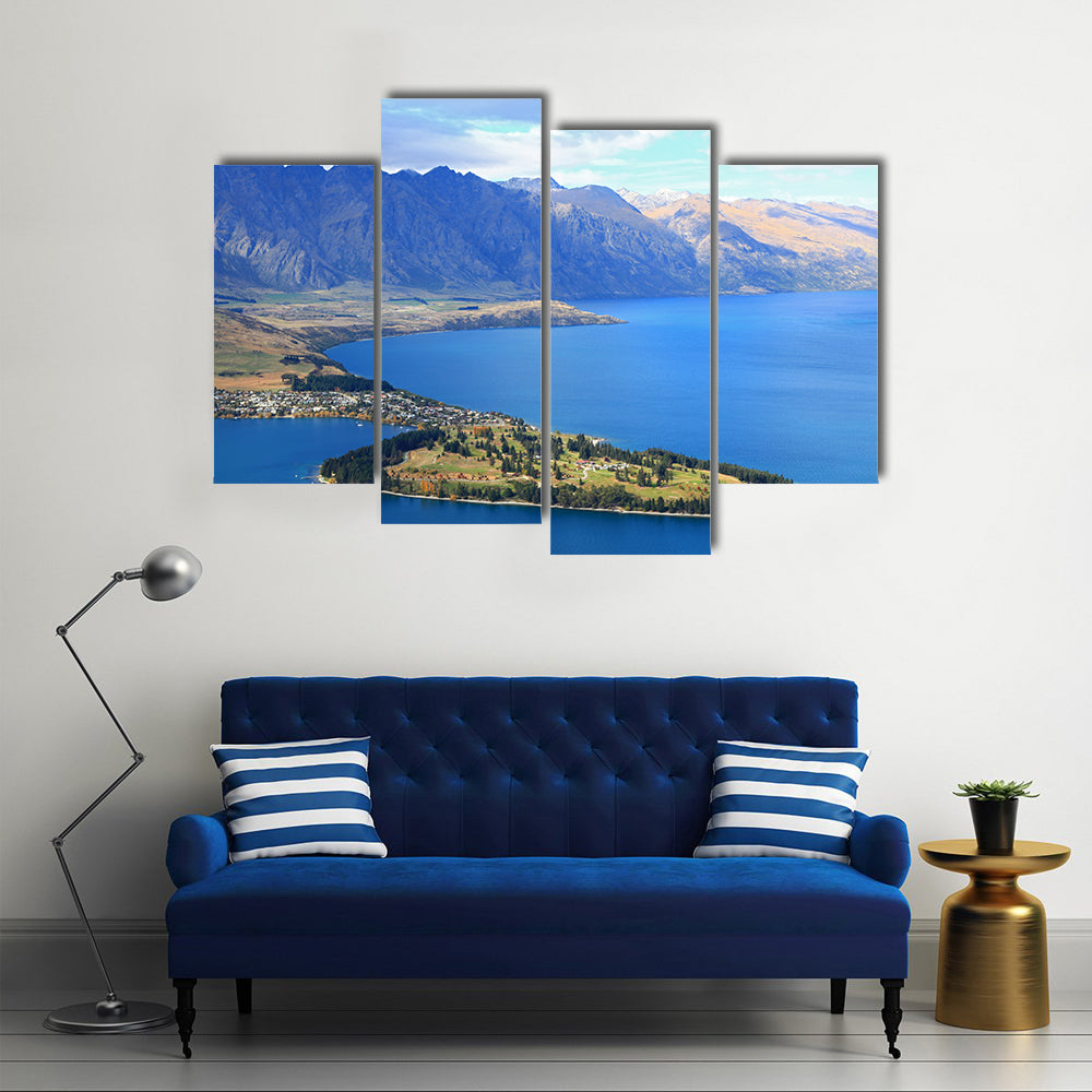 closeup of Queenstown with lake Wakatipu from top at noon multi panel canvas wall art