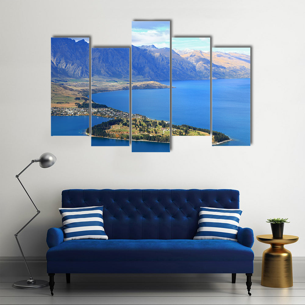 closeup of Queenstown with lake Wakatipu from top at noon multi panel canvas wall art