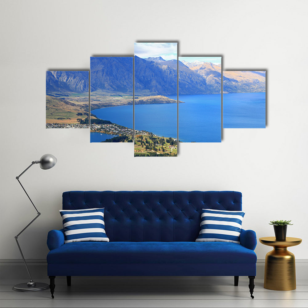 closeup of Queenstown with lake Wakatipu from top at noon multi panel canvas wall art
