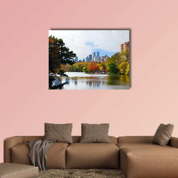 The New York City, Manhattan Central Park panorama in Autumn Lake, multi panel canvas wall art