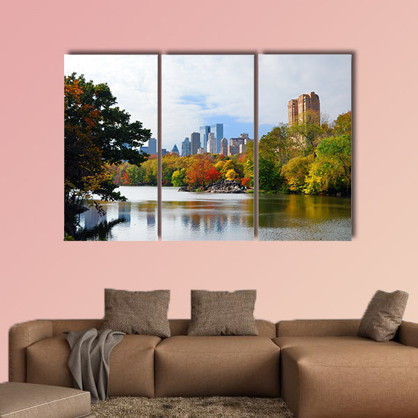 The New York City, Manhattan Central Park panorama in Autumn Lake, multi panel canvas wall art
