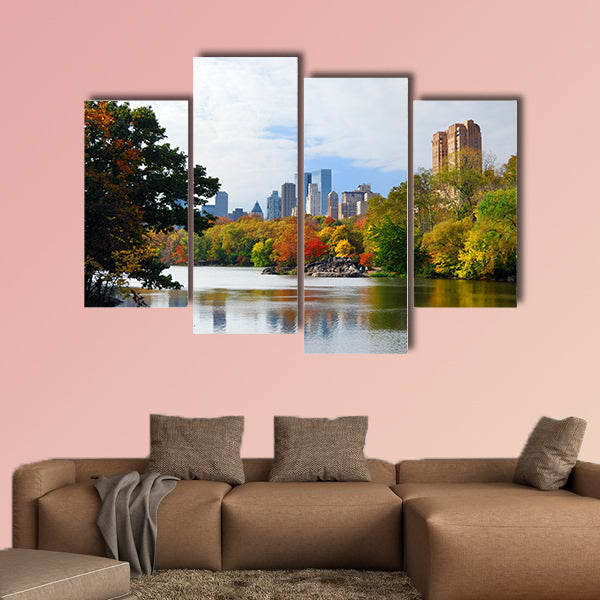 The New York City, Manhattan Central Park panorama in Autumn Lake, multi panel canvas wall art