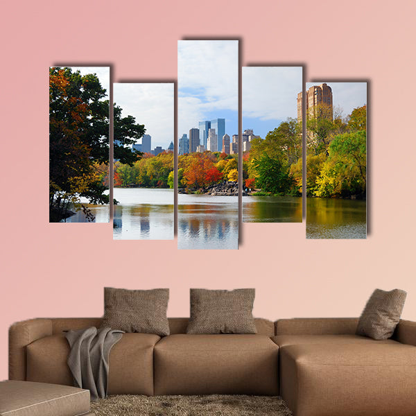 The New York City, Manhattan Central Park panorama in Autumn Lake, multi panel canvas wall art