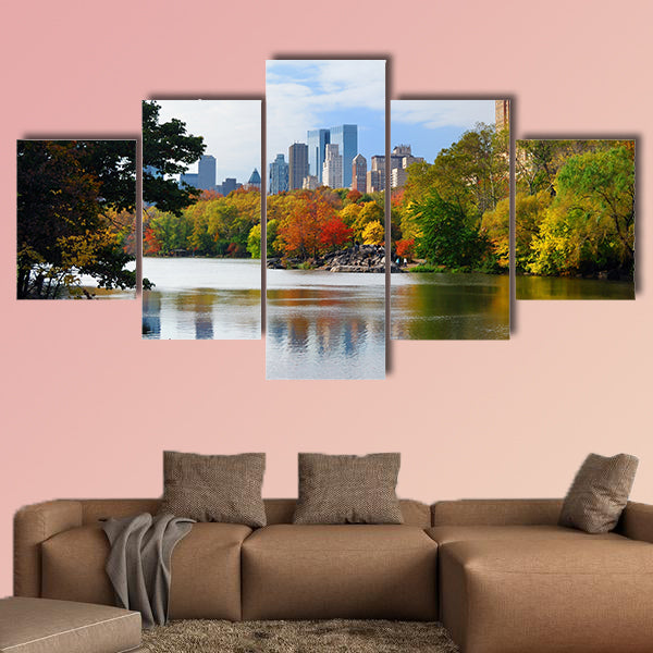 The New York City, Manhattan Central Park panorama in Autumn Lake, multi panel canvas wall art