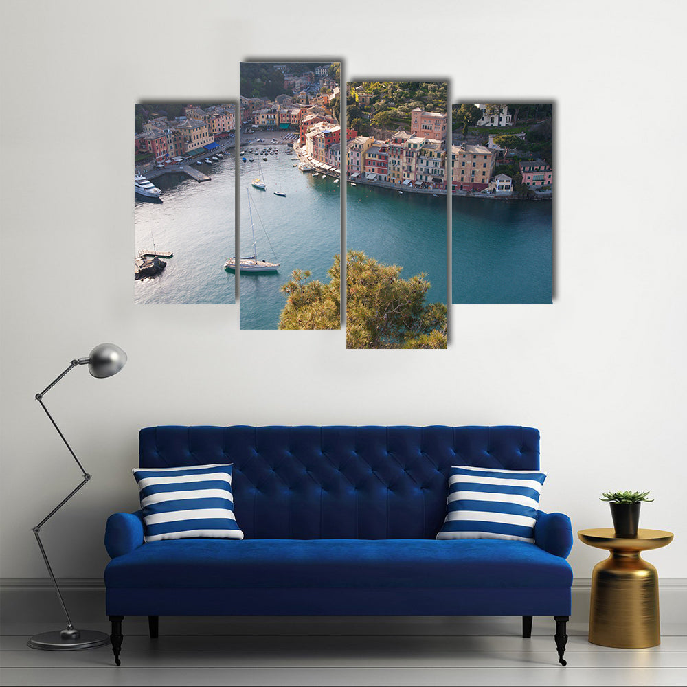 The Aerial View Of A Water Body Portofino In A Sunny Day, Itlay, Multi Panel Canvas Wall Art
