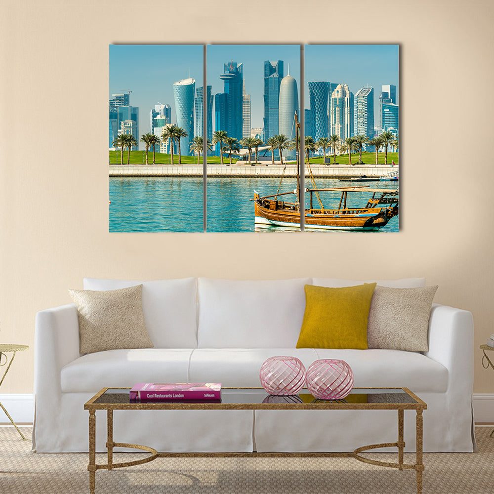 Traditional Arabic dhows in Doha, Qatar Multi panel canvas wall art