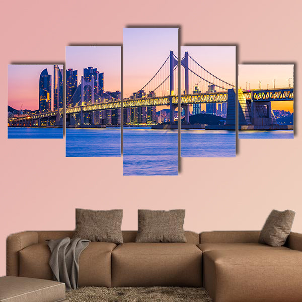 Gwangan Bridge and Haeundae at Sunrise, Busan City, South Korea multi panel canvas wall art