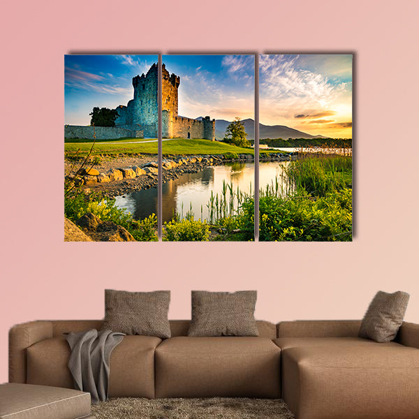 Ancient old Fortress Ross Castle ruin with lake multi panel canvas wall art