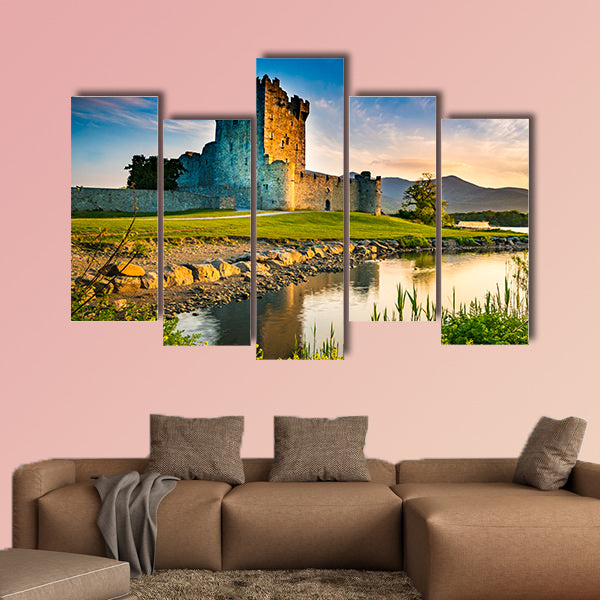 Ancient old Fortress Ross Castle ruin with lake multi panel canvas wall art