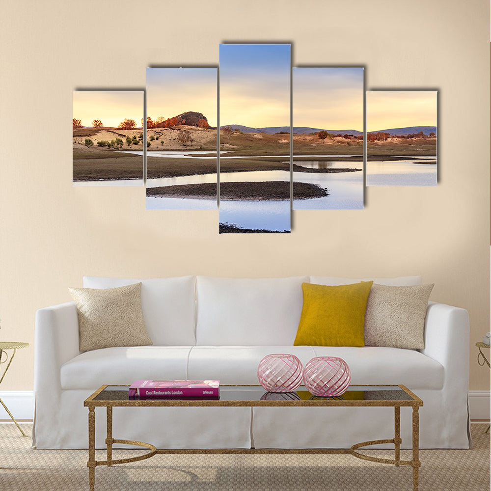 Landscape view of general Nur grassland in the morning during autumn Multi panel canvas wall art