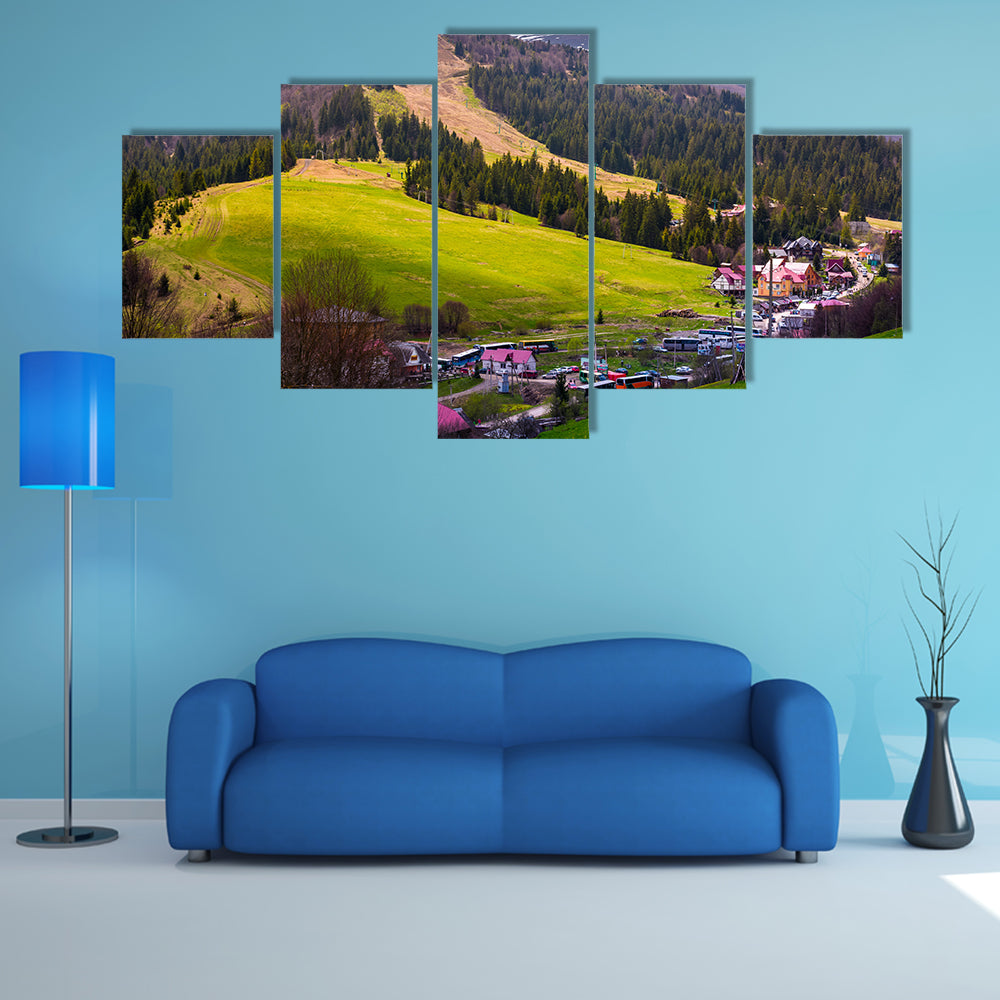 The Pylypets, Ukraine Tourist buses in Pylypets resort village multi panel canvas wall art