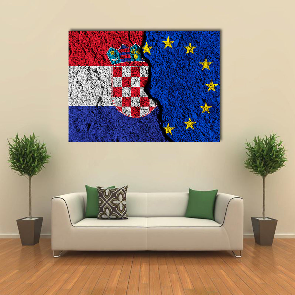 Crack Between European Union And Croatia Flags Multi Panel Canvas Wall Art