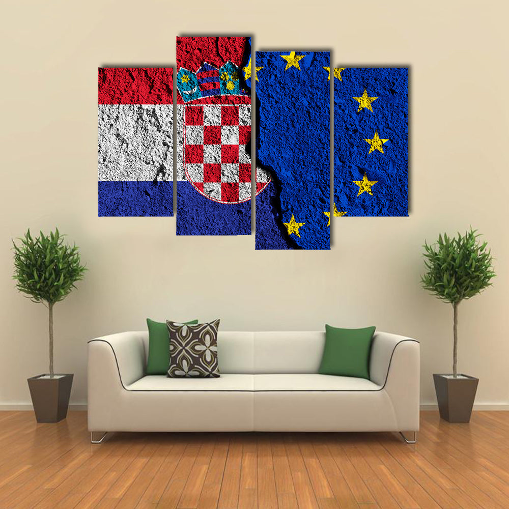 Crack Between European Union And Croatia Flags Multi Panel Canvas Wall Art