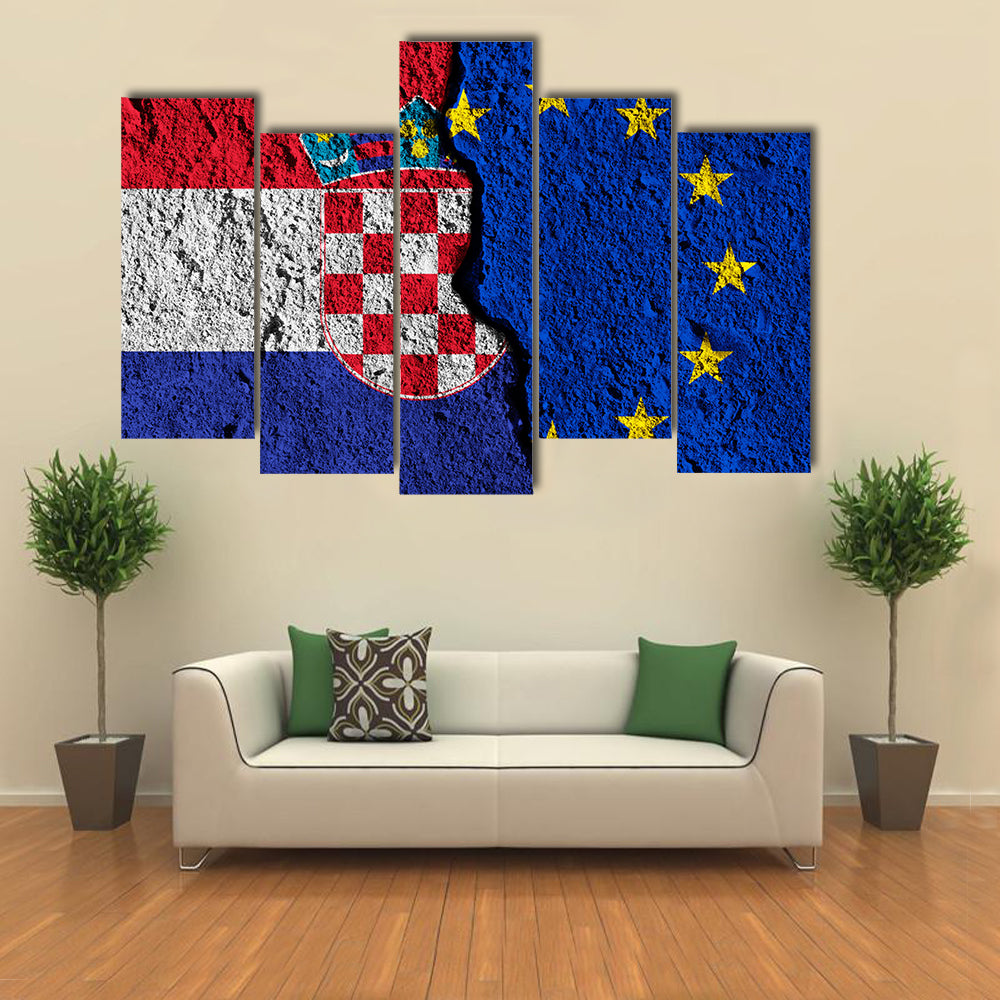 Crack Between European Union And Croatia Flags Multi Panel Canvas Wall Art